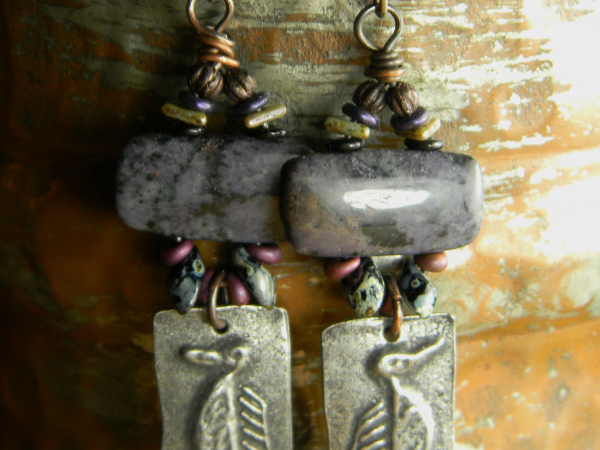 Artisan Bird Charm Earrings Boho tribal beaded earrings by Gloria Ewing.