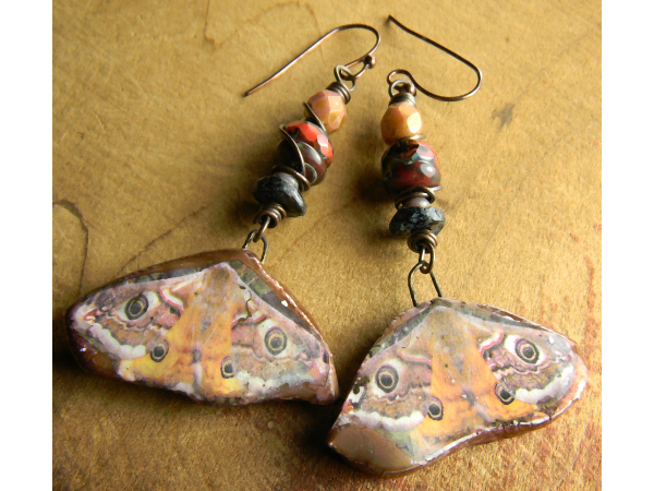 Moth drop focal earrings with pink and bronze by Gloria Ewing.