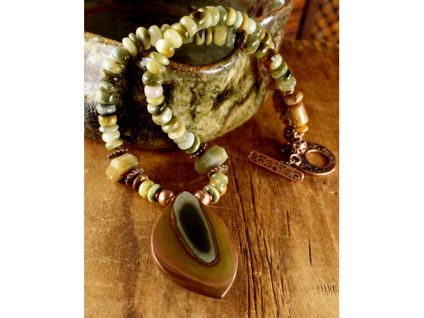 Beaded necklace with cat's eye and polychrome jasper by Gloria Ewing.