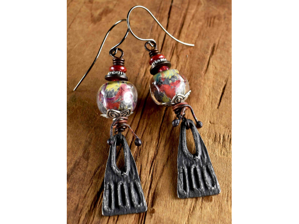 Artisan lamp work and pewter in Boho earrings by Gloria Ewing.