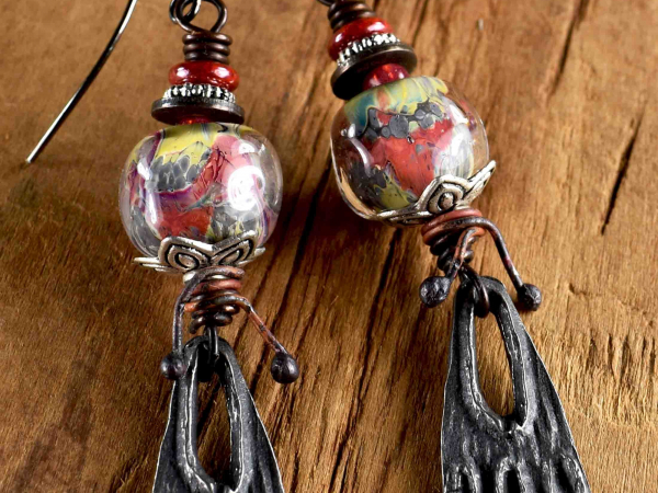 Rose Red Lampwork Earrings Artisan lamp work and pewter in Boho earrings by Gloria Ewing.