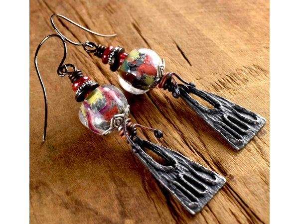 Berry red and dramatic artisan pewter earring from Gloria Ewing.