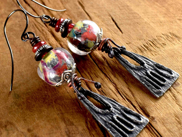 Boho Tribal Lampwork Earrings Berry red and dramatic artisan pewter earring from Gloria Ewing.