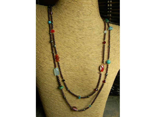 Garnet, ruby, chalcedony, turquoise, delicate knotted necklace.
