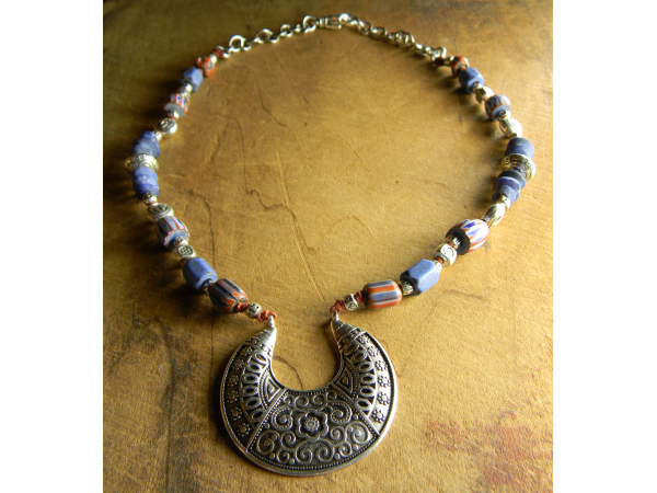 Vintage African Beaded Choker Necklace Pewter Crescent Pendant ...