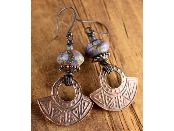 Artisan copper and lampwork glass beaded earrings from Gloria Ewing.