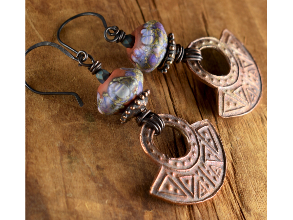 Handmade copper and lampwork glass earrings from Gloria Ewing.