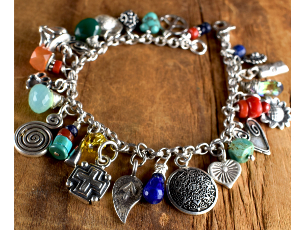 Retro style multi gemstone charm bracelet from Gloria Ewing.