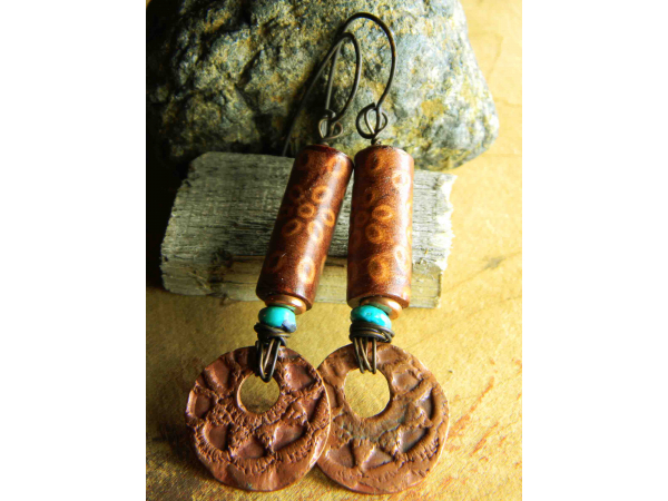 Luscious turquoise and copper with leather, earrings by Gloria Ewing.