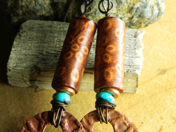Boho Southwestern Copper Earrings Luscious turquoise and copper with leather, earrings by Gloria Ewing.