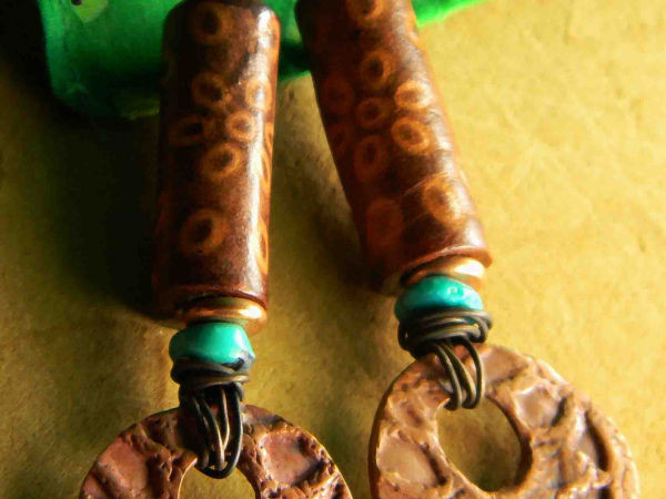 Southwestern Leather Earrings by Gloria Ewing Rustic beaded earrings with a southwest flavor.