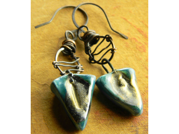 Artisan ceramic drops with a wire wrap design by Gloria Ewing.