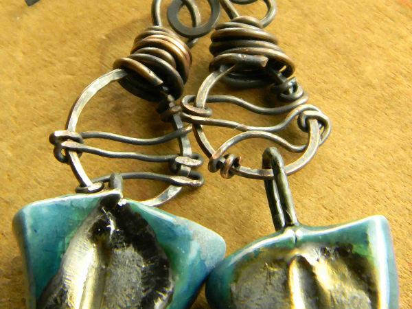 Primitive wire wrap copper earrings by Gloria Ewing.