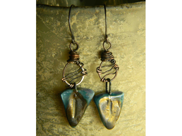 Flirty copper and ceramic wire wrapped earrings by Gloria Ewing.