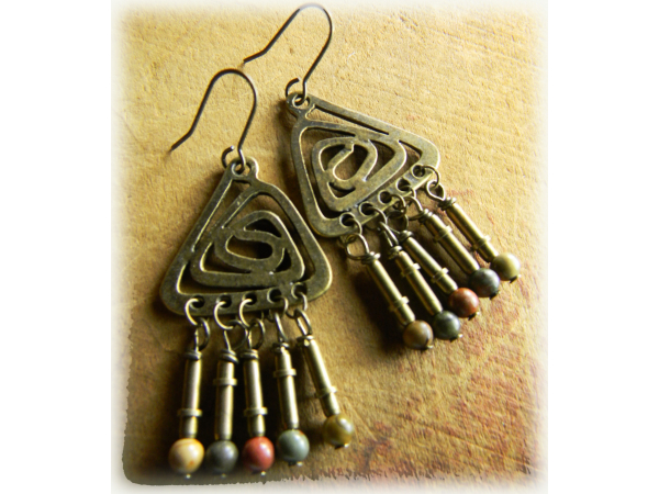 Brass beaded chandelier style earrings by Gloria Ewing.