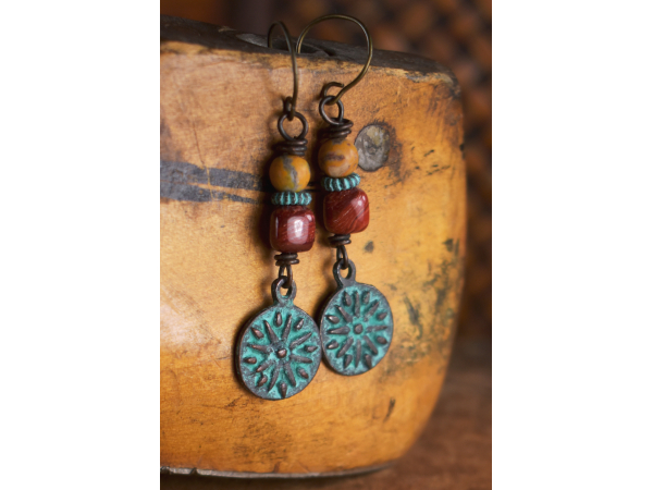 Jasper stone beads with Greek sun charms from Gloria Ewing.