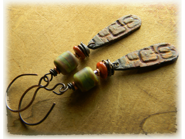 Artisan pewter, copper and lampwork earrings by Gloria Ewing.