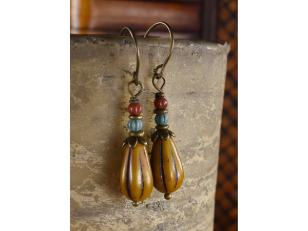 Czech glass, aged appearance, beaded earrings from Gloria Ewing.