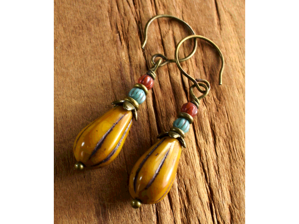 Aged appearance Czech glass beaded drop earrings.