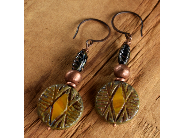 Boho tribal glass and copper earrings from Gloria Ewing.