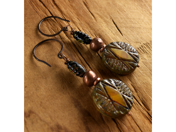 Rhombus pattern yellow glass drop earrings from Gloria Ewing.