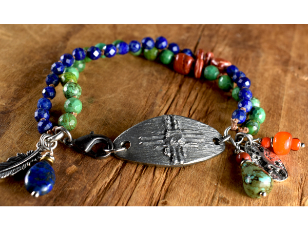 Lapis, turquoise and red jasper blend in beaded southwest bracelet.