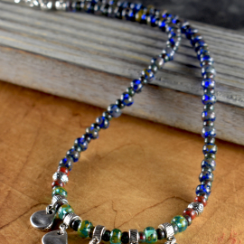 Boho Pewter Choker Necklace Denim blue beaded tribal style teen necklace by Gloria Ewing.