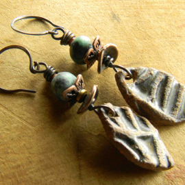 Asymmetrical Artisan Ceramic Earrings Boho earrings with African turquoise by Gloria Ewing.