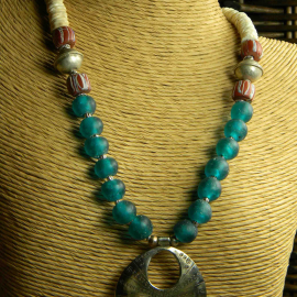 African recycled glass beads with bronze pendant by Gloria Ewing.