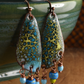 Wild tropical colors in copper enamel earrings by Gloria Ewing.