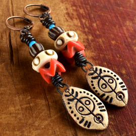 Mojo Man Earrings African trade bead earrings with primitive charms by Gloria Ewing.