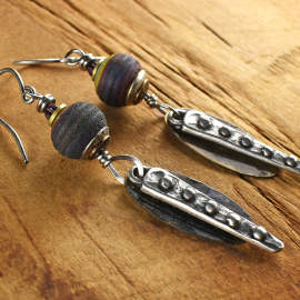 Unique Pewter Dagger Earrings Bumpy daggers with artisan lampwork glass, earrings from Gloria Ewing.