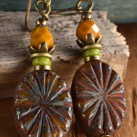 Autumn Sunburst Earrings Boho style Czech glass drop earrings by Gloria Ewing.