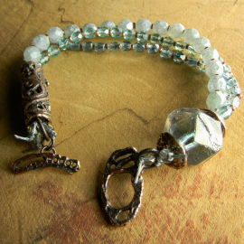 Artisan Copper and Czech Glass Bracelet Multi-strand pale green bracelet design by Gloria Ewing.