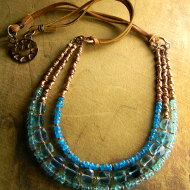 Blue Fluorite Beaded Necklace with Leather Fluorite and apatite boho necklace by Gloria Ewing.