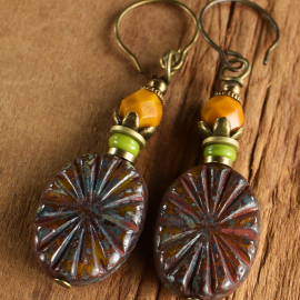 Colors of autumn in Czech glass earrings from Gloria Ewing.