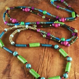 Wildly colorful wrap necklace by Gloria Ewing.