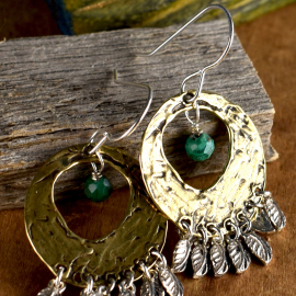 Native inspired feather earrings with bronze, silver and malachite