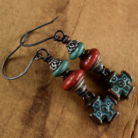 Aged look Mykonos earrings with coral and turquoise from Gloria Ewing.
