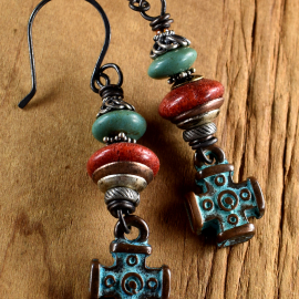 Rustic coral and turquoise with aged cross dangle earrings.