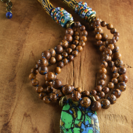 Boho tribal necklace design with jasper and Krobo by Gloria Ewing.