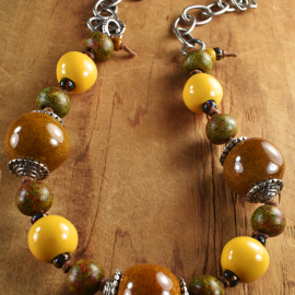 Mix of Mykonos ceramic in a necklace from Gloria Ewing.
