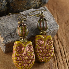 Boho owl Czech glass earrings from Gloria Ewing.