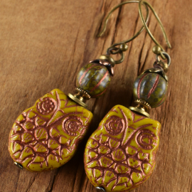 Beaded Czech glass owl earrings from Gloria Ewing.