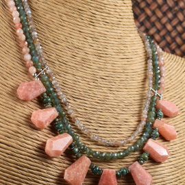 Calcite, moonstone and green apatite in this piece from Gloria Ewing.