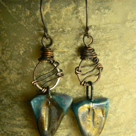 Flirty copper and ceramic wire wrapped earrings by Gloria Ewing.