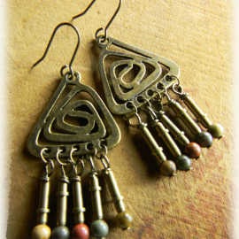 Brass beaded chandelier style earrings by Gloria Ewing.