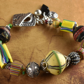 Vintage African Beaded Bracelet Colorful mix of trade beads with Sterling silver by Gloria Ewing