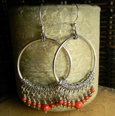 Red Sponge Coral Beaded Hoop Earrings
