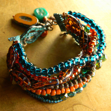 Beaded Multi-Strand Bracelet, Colorful Czech Glass, Statement Bracelet, Teal, Rust, Brown, Tribal Jewelry